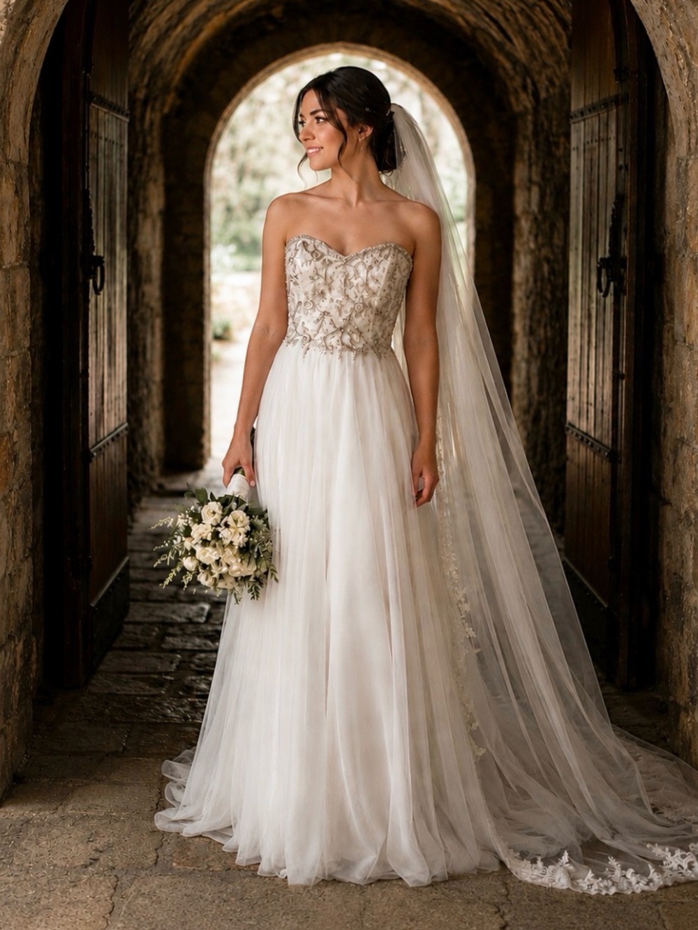 Jim Hjelm Strapless Beaded Bodice Tulle Wedding Gown in Ivory